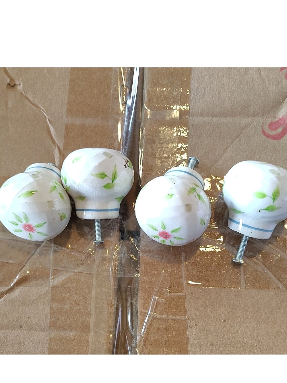 Ceramic Shabby Floral Round Cabinet Knobs, White Pink Green Blue, 4 Pack
